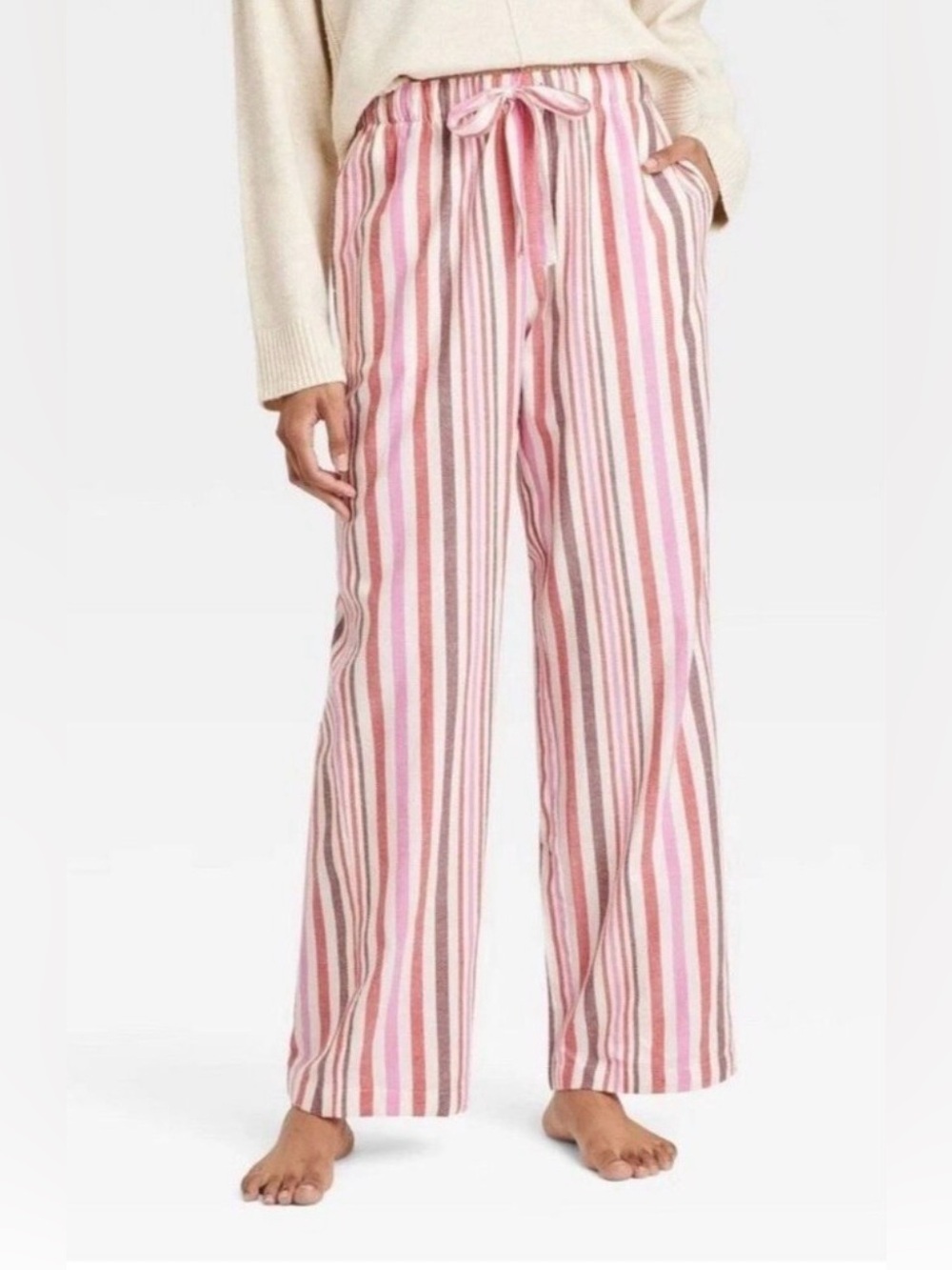 Auden Striped Linen Blend Drawstring Pants in Pink & Cream
